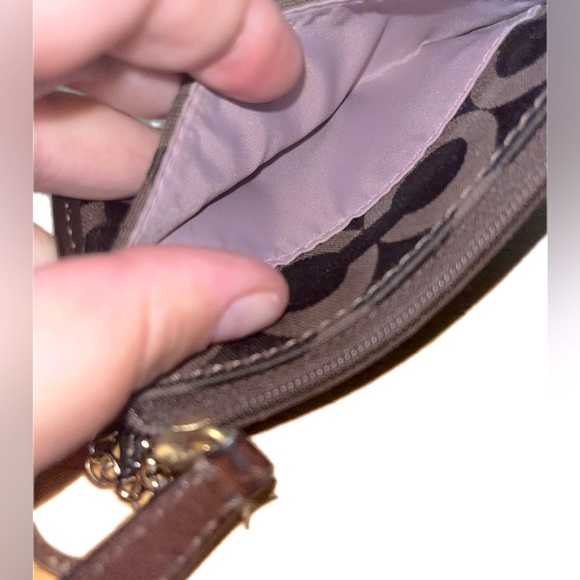 Coach "C" Patent Leather & Fabric Mini Card/Coin Pouch w/Keyring, Zip, Brown - Picture 5 of 9